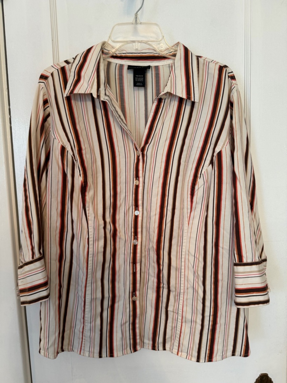 Lane Bryant Cream Button-Down Shirt with Brown & Orange Stripes